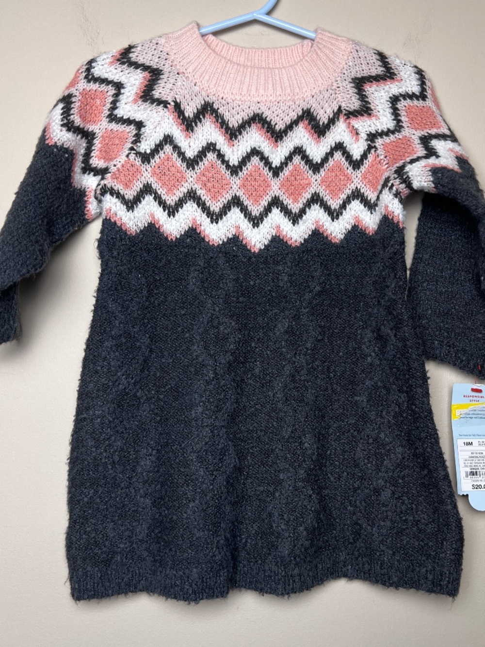 NWT Cat & Jack Grey Pink Zig Zag Design Knit Dress Girls 18M